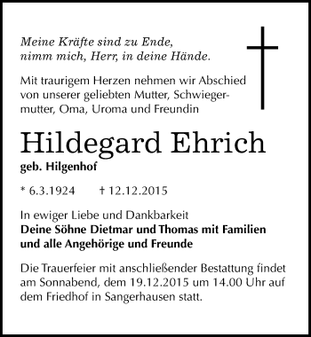 Traueranzeige von Hildegard Ehrich von Mitteldeutsche Zeitung Sangerhausen