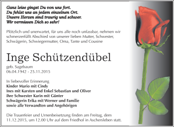 Traueranzeige von Inge Schützendübel von Super Sonntag Aschersleben
