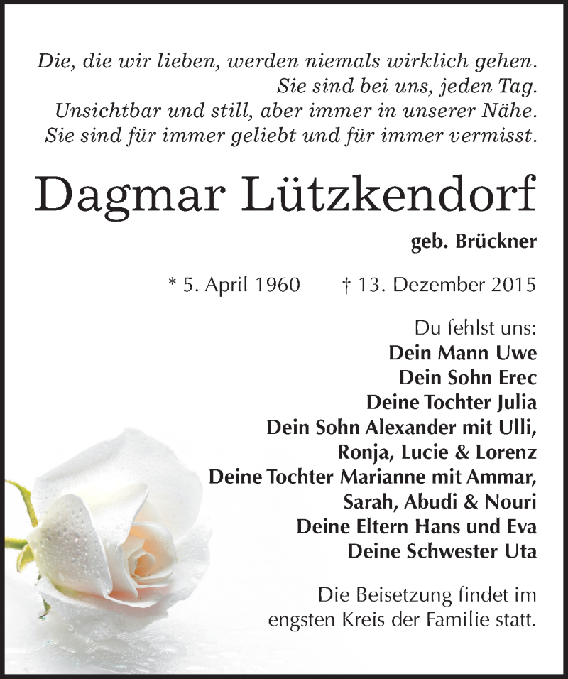  Traueranzeige für Dagmar Lützkendorf vom 19.12.2015 aus Mitteldeutsche Zeitung Naumburg/Nebra