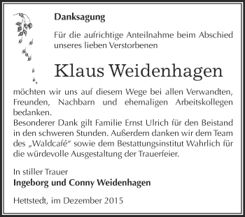 Traueranzeige von Klaus Weidenhagen von Wochenspiegel Mansfelder Land