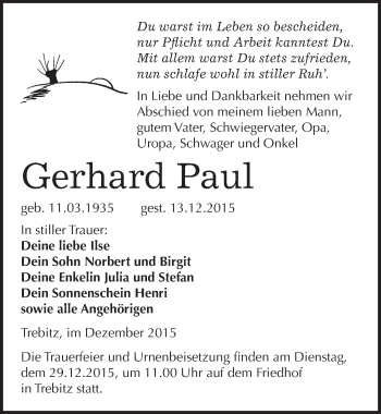 Traueranzeige von Gerhard Paul von Mitteldeutsche Zeitung Wittenberg