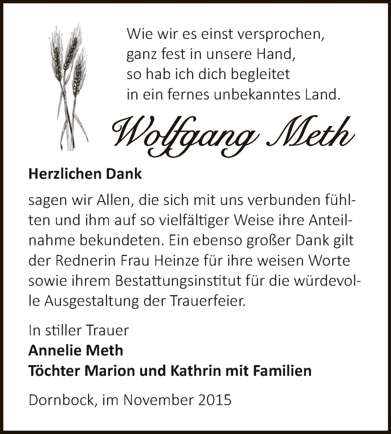  Traueranzeige für Wolfgang Meth vom 05.12.2015 aus WVG - Wochenspiegel Dessau / Köthen