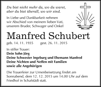Traueranzeige von Manfred Schubert von Mitteldeutsche Zeitung Merseburg/Querfurt