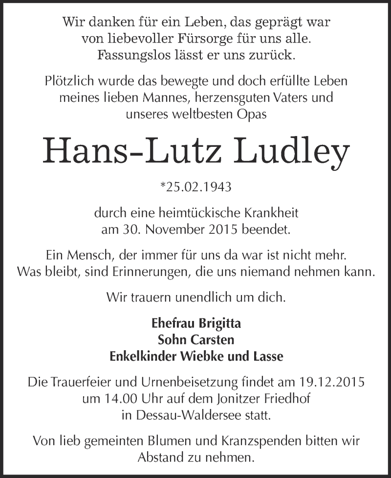  Traueranzeige für Hans-Lutz Ludley vom 05.12.2015 aus WVG - Wochenspiegel Dessau / Köthen