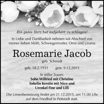 Traueranzeige von Rosemarie Jacob von WVG - Wochenspiegel NMB / WSF / ZTZ