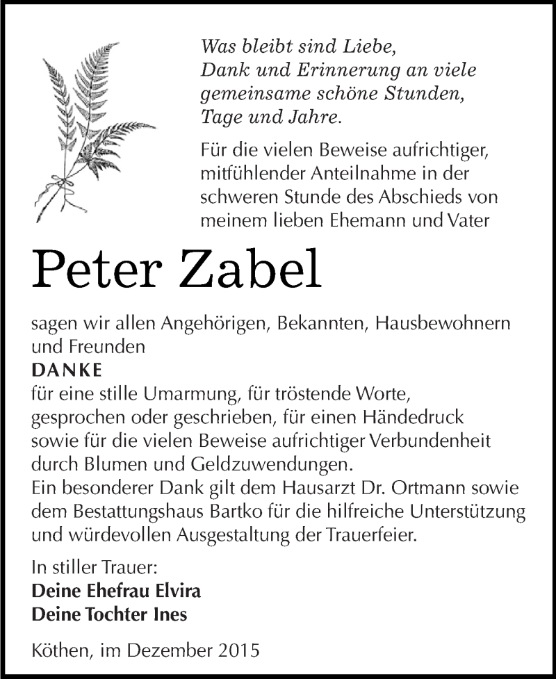  Traueranzeige für Peter Zabel vom 05.12.2015 aus WVG - Wochenspiegel Dessau / Köthen