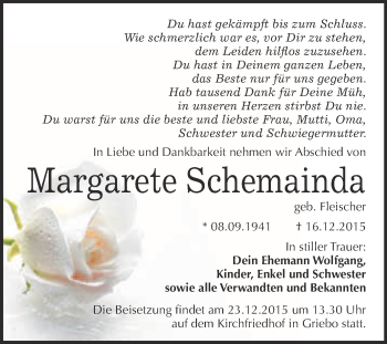 Traueranzeige von Margarete Schemainda von Super Sonntag Wittenberg