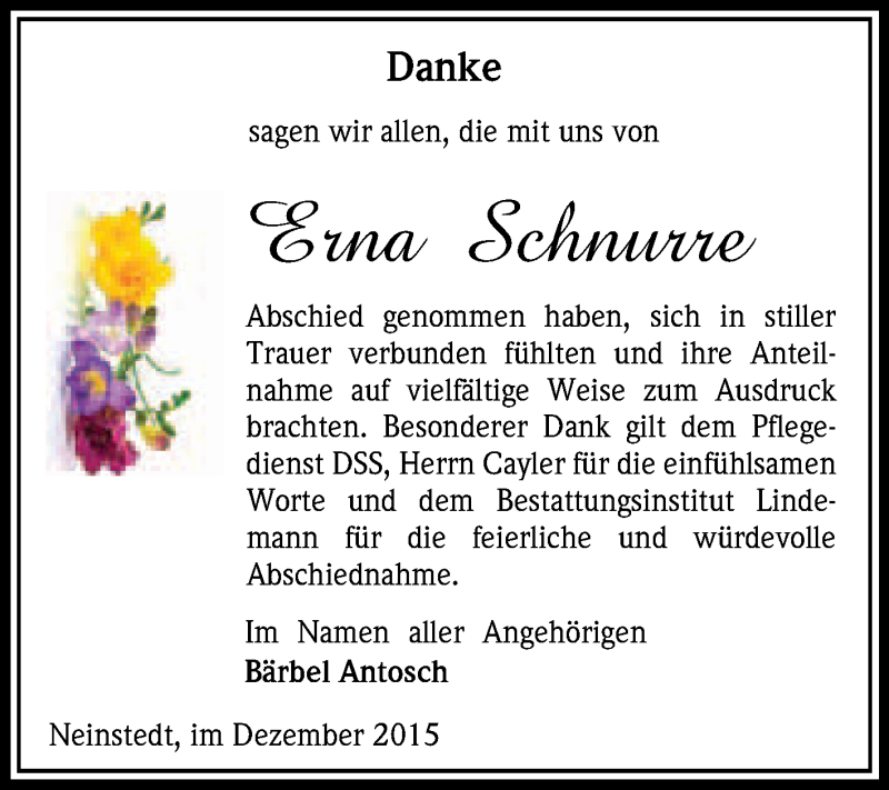  Traueranzeige für Erna Schnurre vom 05.12.2015 aus Super Sonntag Quedlinburg