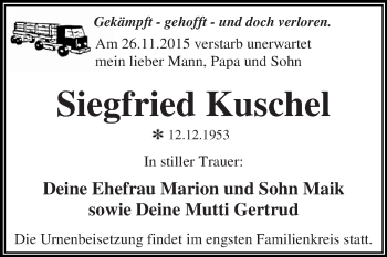 Traueranzeige von Siegfried Kuschel von WVG - Wochenspiegel Dessau / Köthen