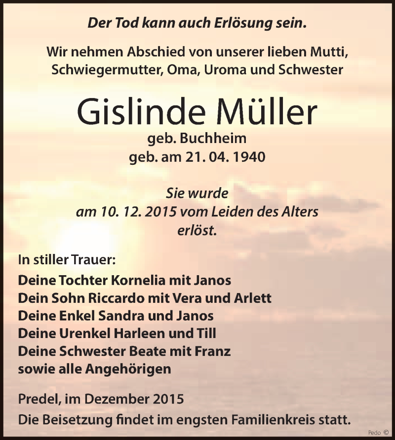  Traueranzeige für Gislinde Müller vom 16.12.2015 aus WVG - Wochenspiegel NMB / WSF / ZTZ