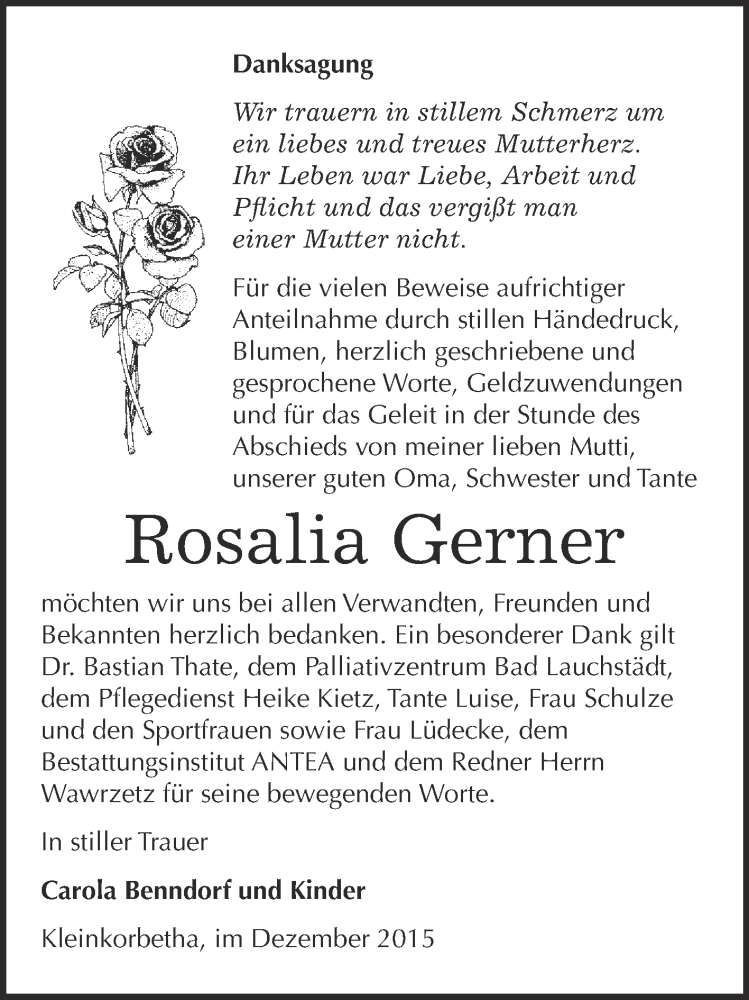  Traueranzeige für Rosalia Gerner vom 09.12.2015 aus WVG - Wochenspiegel NMB / WSF / ZTZ