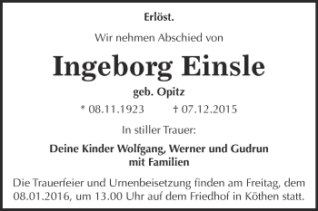 Traueranzeige von Ingeborg Einsle von WVG - Wochenspiegel Dessau / Köthen
