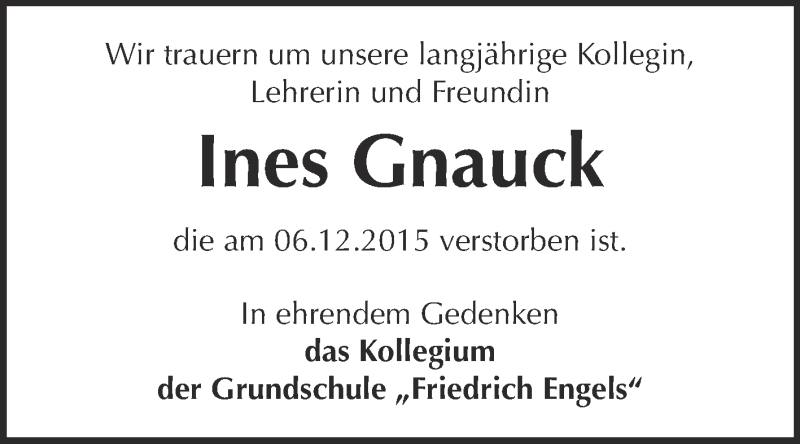  Traueranzeige für Ines Gnauck vom 19.12.2015 aus Super Sonntag Wittenberg