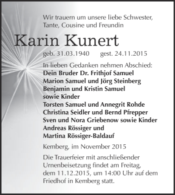 Traueranzeige von Karin Kunert von WVG - Wochenspiegel Wittenberg