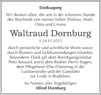 Traueranzeige von Waltraud Dornburg von WVG - Wochenspiegel Dessau / Köthen