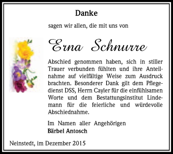 Traueranzeige von Erna Schnurre von Super Sonntag Quedlinburg