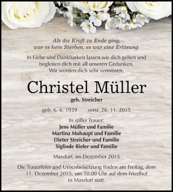 Traueranzeige von Christel Müller von WVG - Wochenspiegel Dessau / Köthen
