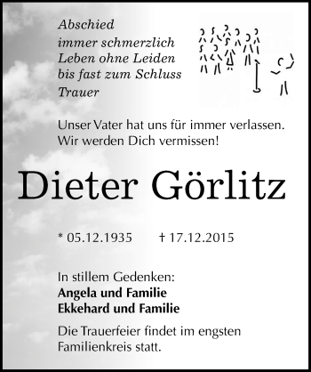 Traueranzeige von Dieter Görlitz von Mitteldeutsche Zeitung Naumburg/Nebra
