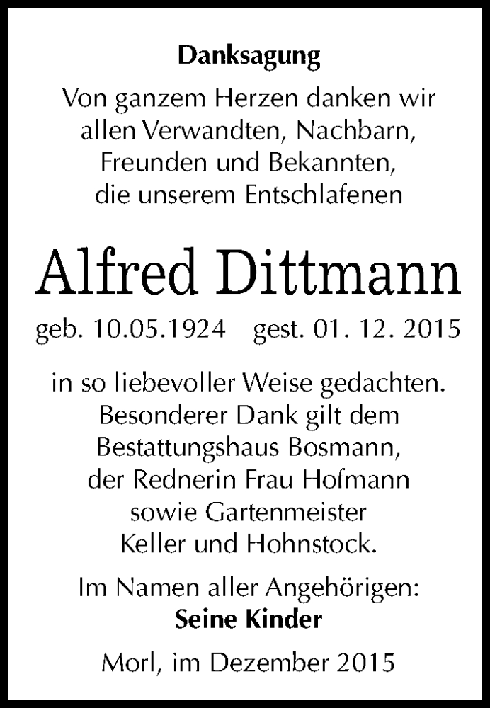  Traueranzeige für Alfred Dittmann vom 23.12.2015 aus Mitteldeutsche Zeitung Halle/Saalkreis