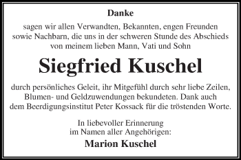 Traueranzeige von Siegfried Kuschel von WVG - Wochenspiegel Dessau / Köthen