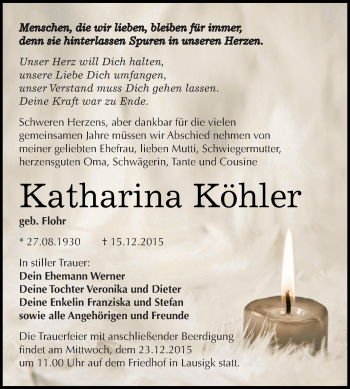 Traueranzeige von Katharina Köhler von WVG - Wochenspiegel Dessau / Köthen