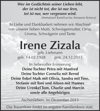 Traueranzeige von Irene Zizala von Super Sonntag Aschersleben