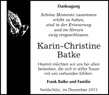 Traueranzeige von Karin-Christine Batke von Mitteldeutsche Zeitung Naumburg/Nebra