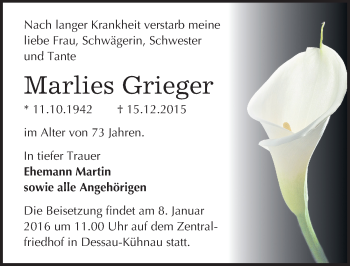 Traueranzeige von Marlies Grieger von Mitteldeutsche Zeitung Dessau-Roßlau