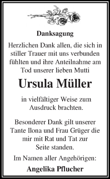 Traueranzeige von Ursula Müller von WVG - Wochenspiegel Dessau / Köthen
