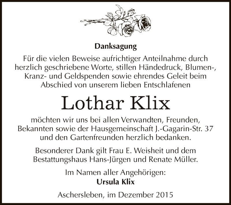  Traueranzeige für Lothar Klix vom 02.12.2015 aus Super Sonntag Aschersleben