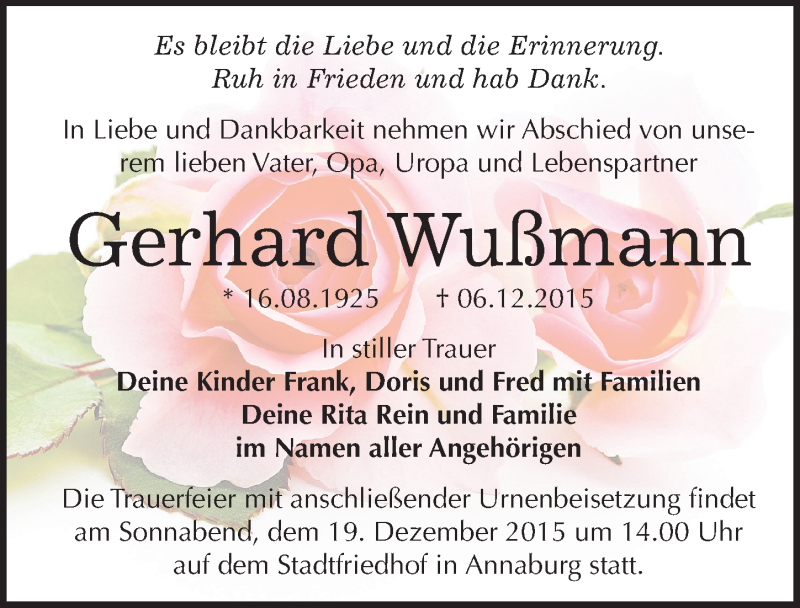  Traueranzeige für Gerhard Wußmann vom 12.12.2015 aus Mitteldeutsche Zeitung Wittenberg