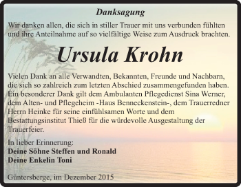 Traueranzeige von Ursula Krohn von Super Sonntag Quedlinburg