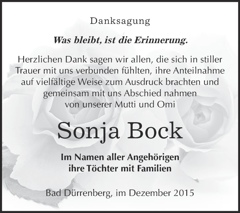  Traueranzeige für Sonja Bock vom 19.12.2015 aus Super Sonntag Merseburg