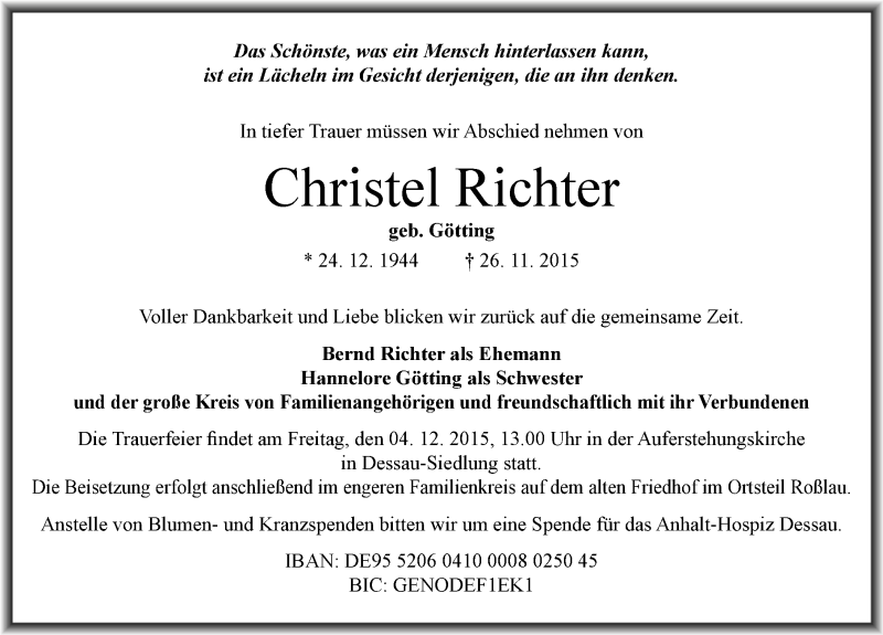  Traueranzeige für Christel Richter vom 01.12.2015 aus Mitteldeutsche Zeitung Dessau-Roßlau