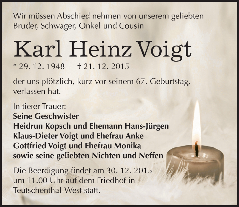 Traueranzeige für Karl Heinz Voigt vom 28.12.2015 aus Mitteldeutsche Zeitung Halle/Saalkreis