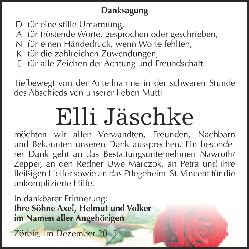  Traueranzeige für Elli Jäschke vom 30.12.2015 aus WVG - Wochenspiegel Bitterfeld