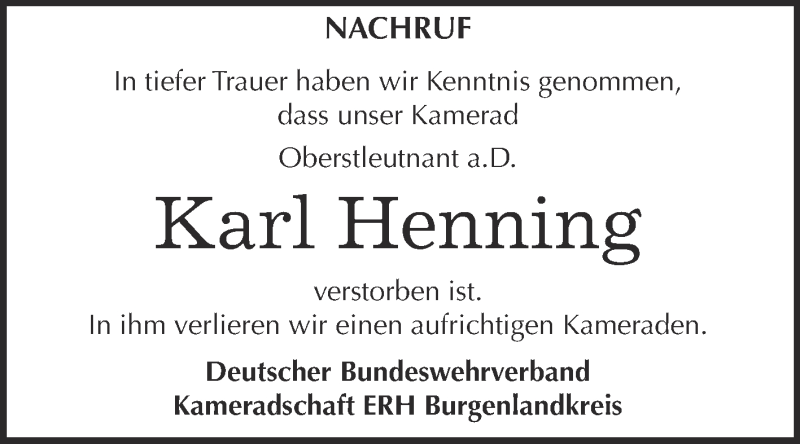  Traueranzeige für Karl Henning vom 16.12.2015 aus WVG - Wochenspiegel NMB / WSF / ZTZ