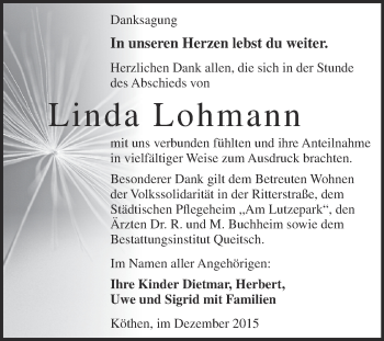 Traueranzeige von Linda Lohmann von WVG - Wochenspiegel Dessau / Köthen