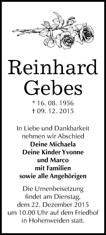 Traueranzeige von Reinhard Gebes von Mitteldeutsche Zeitung Merseburg/Querfurt