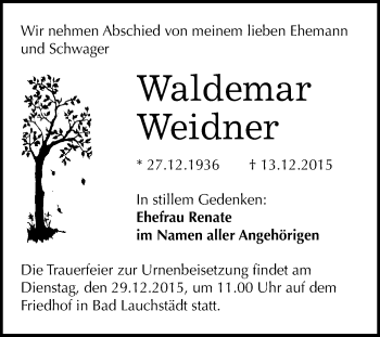 Traueranzeige von Waldemar Weidner von WVG - Wochenspiegel Merseburg