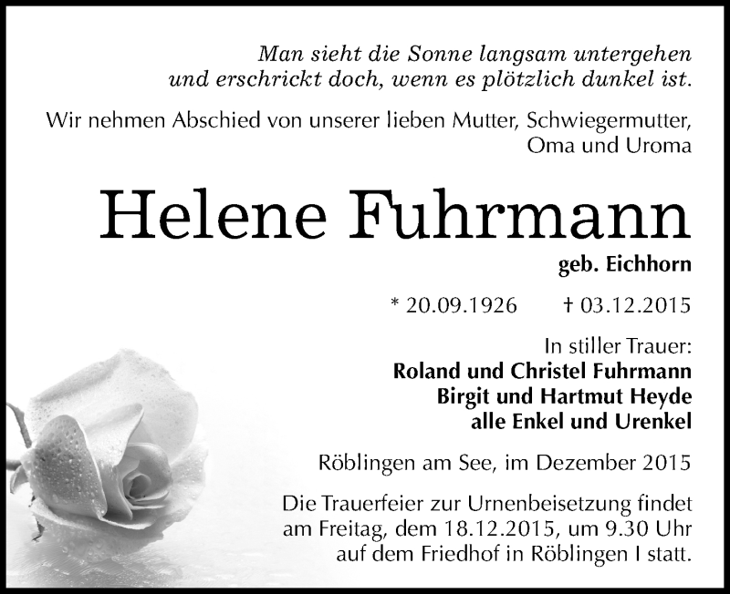  Traueranzeige für Helene Fuhrmann vom 09.12.2015 aus Mitteldeutsche Zeitung Mansfelder Land