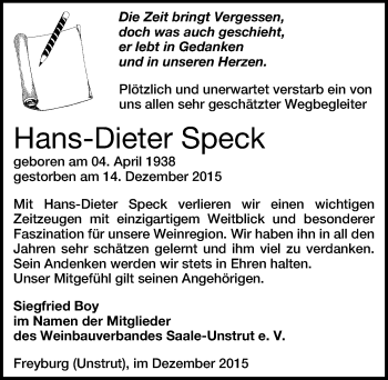 Traueranzeige von Hans-Dieter Speck von Mitteldeutsche Zeitung Naumburg/Nebra