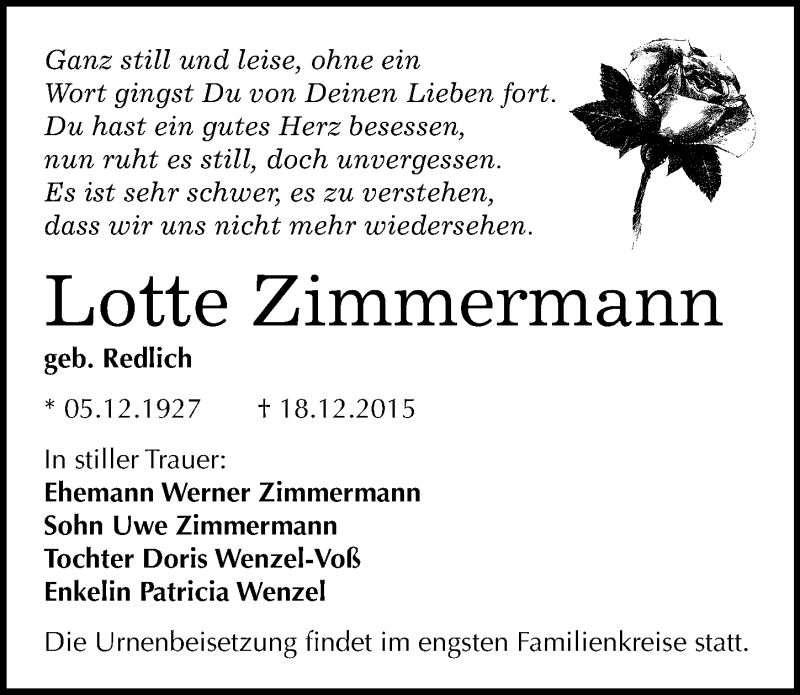  Traueranzeige für Lotte Zimmermann vom 23.12.2015 aus Mitteldeutsche Zeitung Halle/Saalkreis