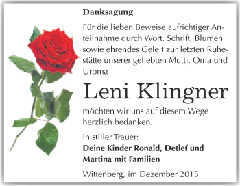 Traueranzeige von Leni Klingner von WVG - Wochenspiegel Wittenberg