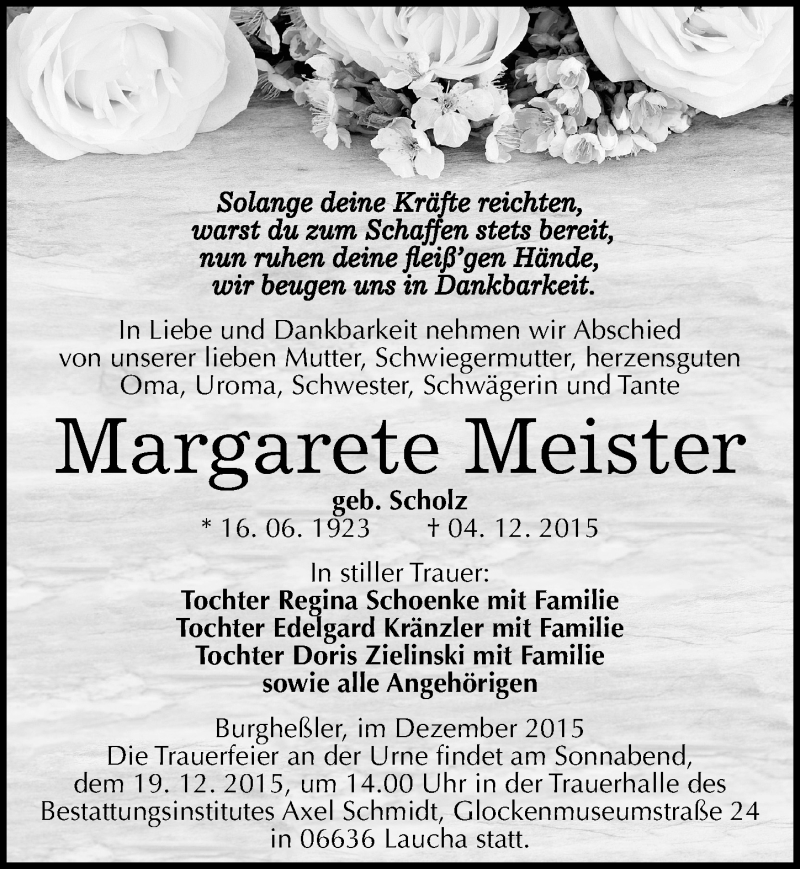  Traueranzeige für Margarete Meister vom 08.12.2015 aus Mitteldeutsche Zeitung Naumburg/Nebra