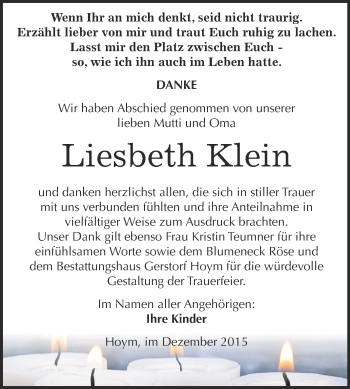 Traueranzeige von Liesbeth Klein von Super Sonntag Aschersleben