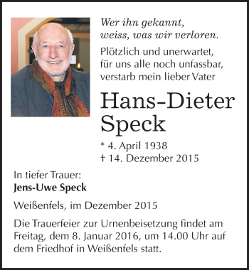 Traueranzeige von Hans-Dieter Speck von Mitteldeutsche Zeitung Naumburg/Nebra