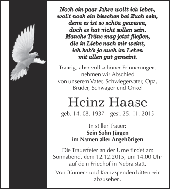 Traueranzeige von Heinz Haase von WVG - Wochenspiegel NMB / WSF / ZTZ