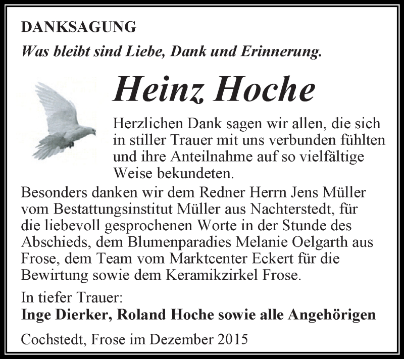  Traueranzeige für Heinz Hoche vom 12.12.2015 aus Super Sonntag Aschersleben