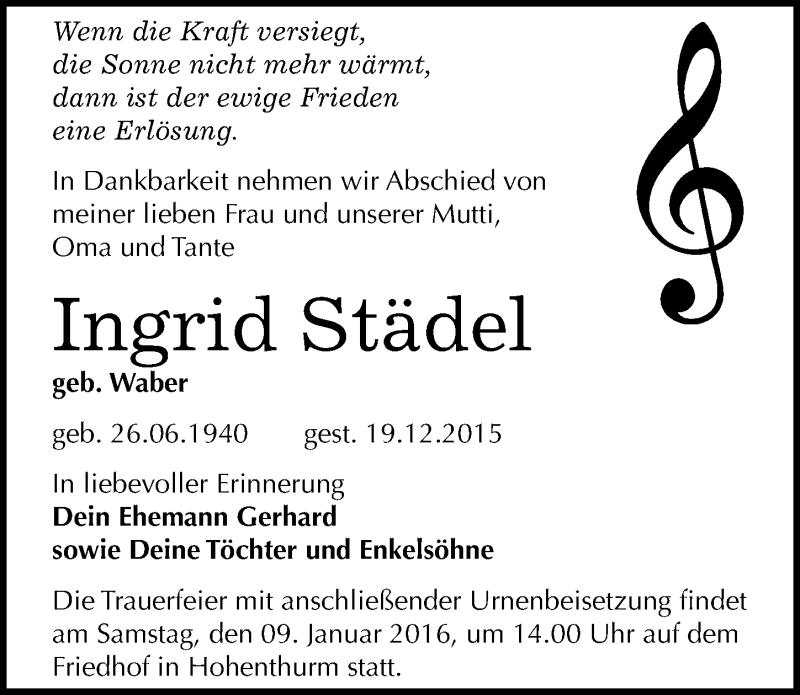  Traueranzeige für Ingrid Städel vom 23.12.2015 aus Mitteldeutsche Zeitung Halle/Saalkreis